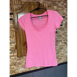 Vintage Deb Y2K Women’s Short Sleeve Hot Pink Scoop Neck Long Top Fitted Preppy